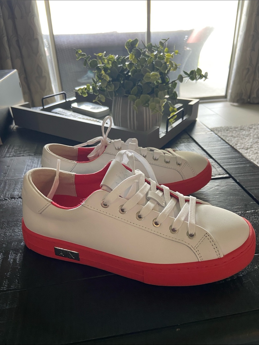 Armani Exchange White Low-Top Sneakers with Red Sole
